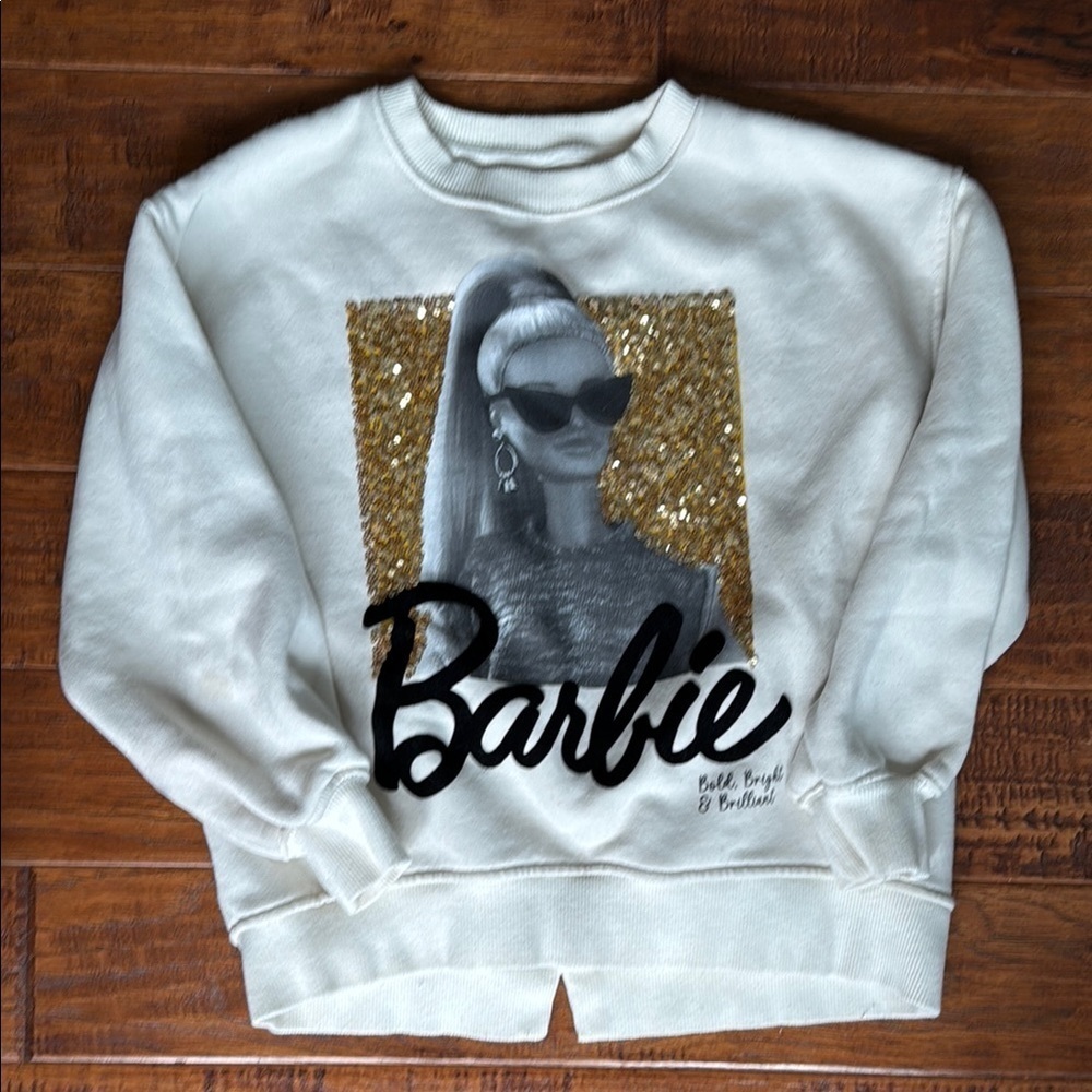 Zara Barbie Kids White Graphic Sweater with gold sequins, size 8 girls